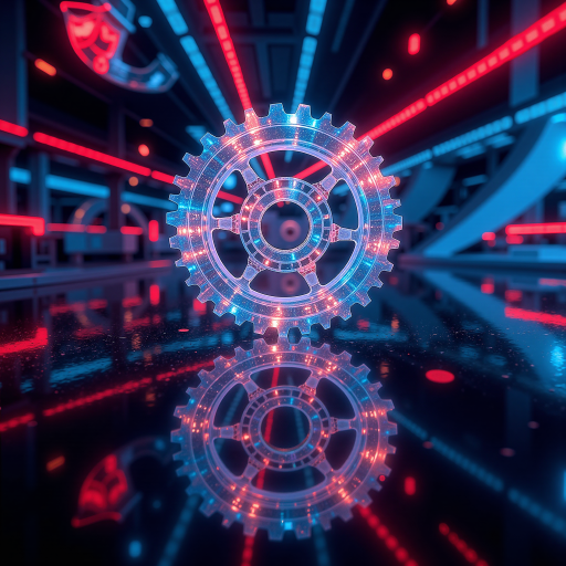 工具类小程序二维码,几何图形设计,中央显示齿轮图标和工具名称,周围有科技感线条,蓝色背景